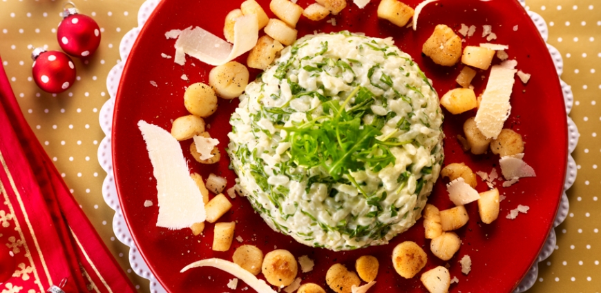 Pétoncles poêlés, risotto à la roquette et au mascarpone