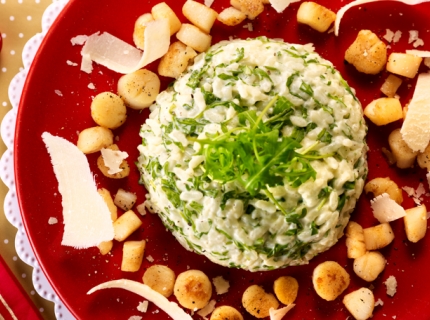 Pétoncles poêlés, risotto à la roquette et au mascarpone