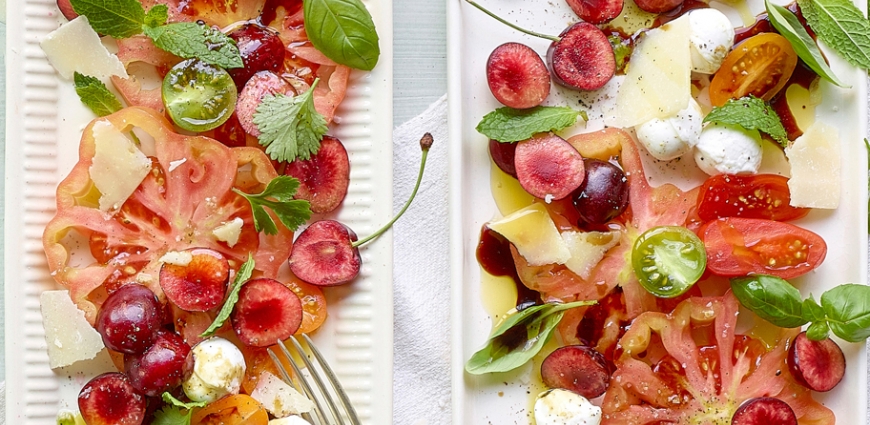 Salade de tomates, mozzarella et cerises