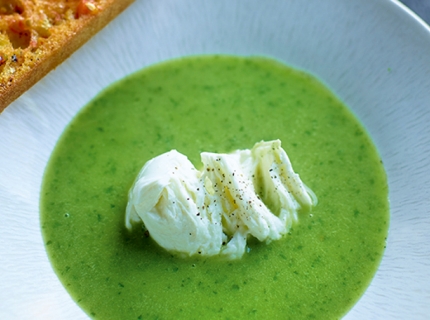 Soupe au basilic à la mozzarella de bufflonne et au pain à l'ail tomaté