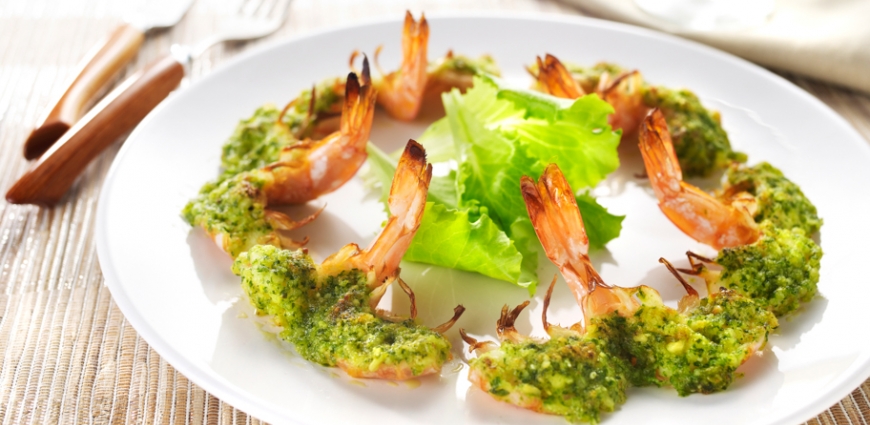 Crevettes grillées au pesto de roquette