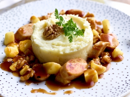 Poêlée de boudin végétarien aux pommes, noix et sirop de Liège