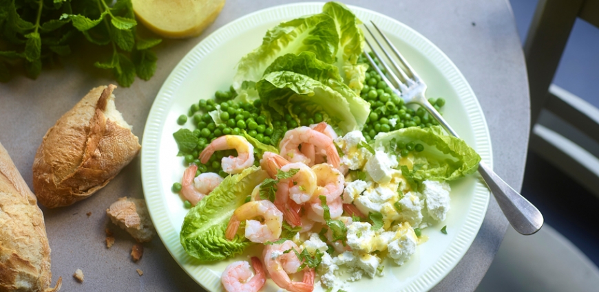 Salade de crevettes au chèvre et aux petits pois