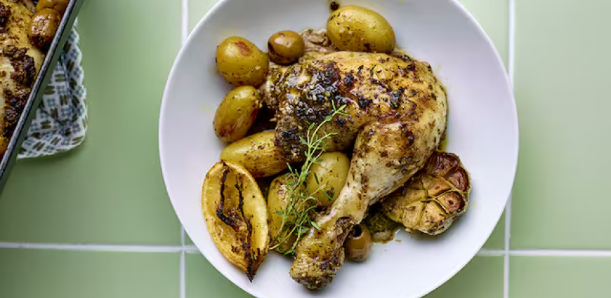 Poulet, citron et grenailles au four