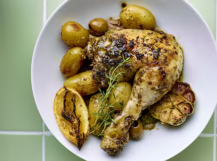 Poulet, citron et grenailles au four