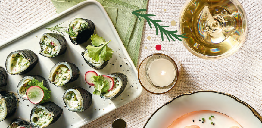 Makis de flétan fumé au gingembre, radis et concombre