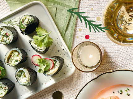 Makis de flétan fumé au gingembre, radis et concombre